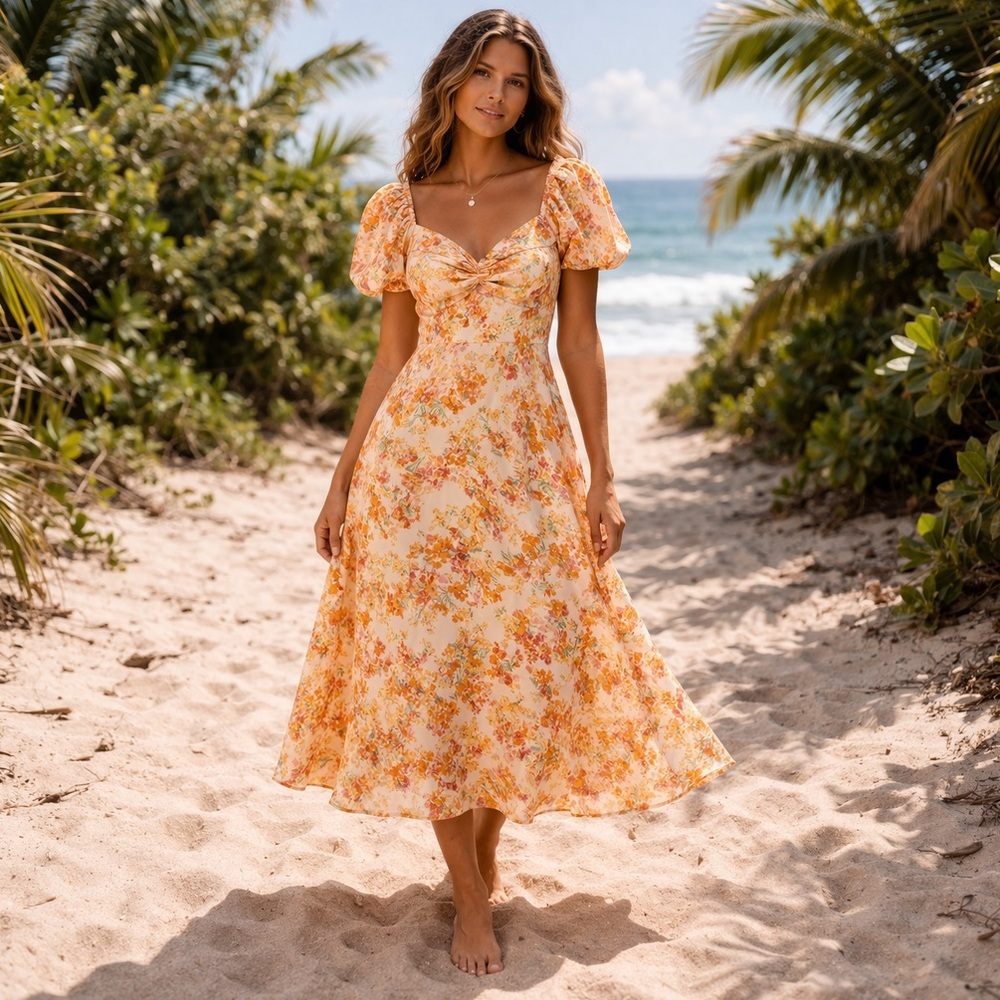 Sincerely Jules Floral Midi Dress Puff Sleeve Twist Front Cottagecore Summer S